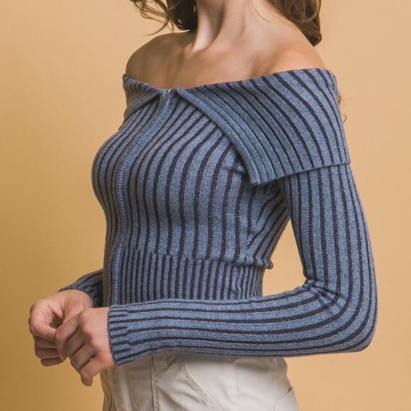 Zip-Me-Up Bardot Ribbed Top - Blue - Picture 10 of 10